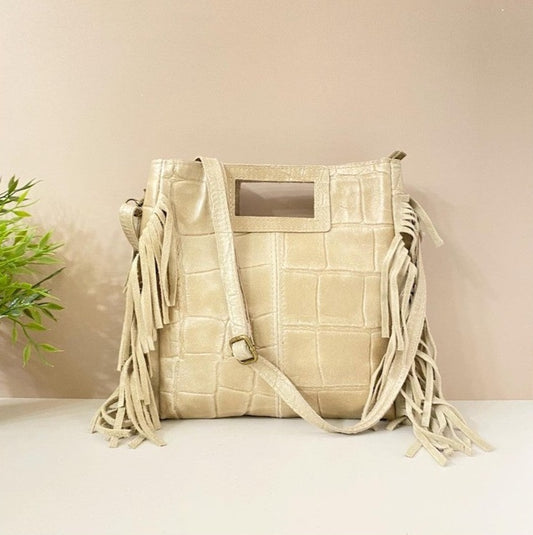 BANDOLERA SHOPPER DE PIEL CON FLECOS