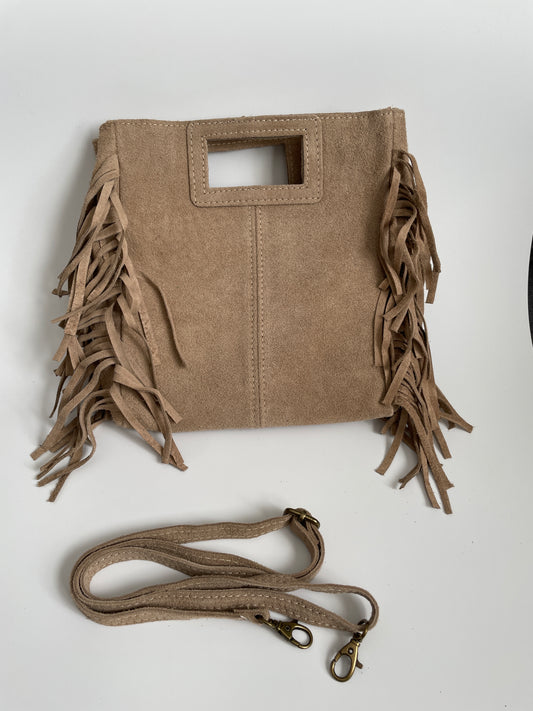 Bolso Bandolera Ante Khaki con Flecos