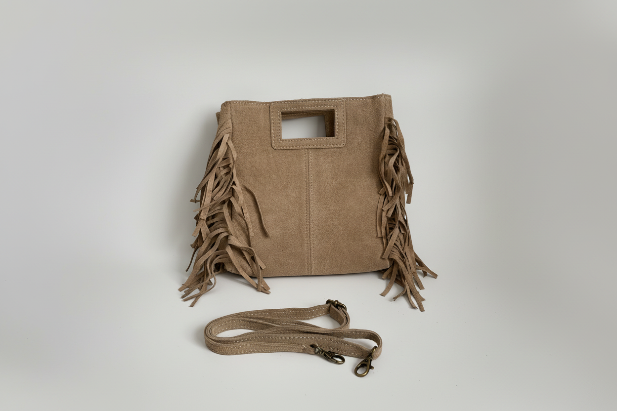 Bolso Bandolera Ante Khaki con Flecos