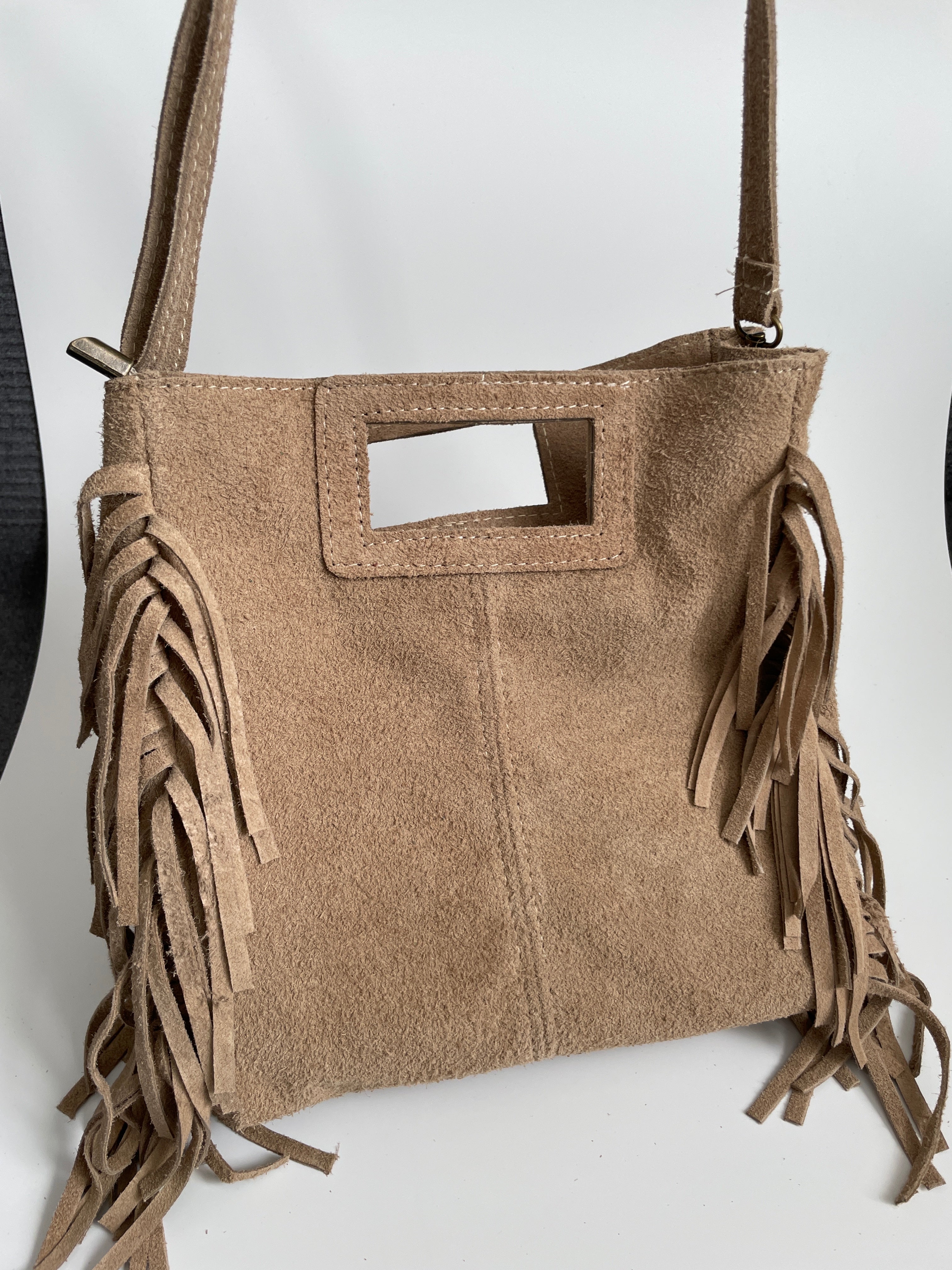 Bolso Bandolera Ante Khaki con Flecos