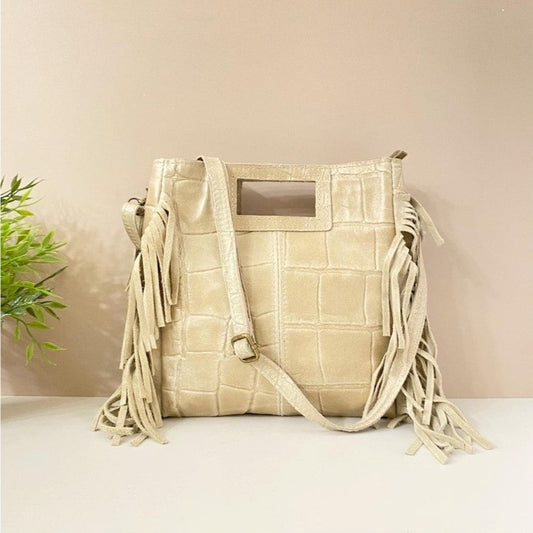 BANDOLERA SHOPPER DE PIEL CON FLECOS